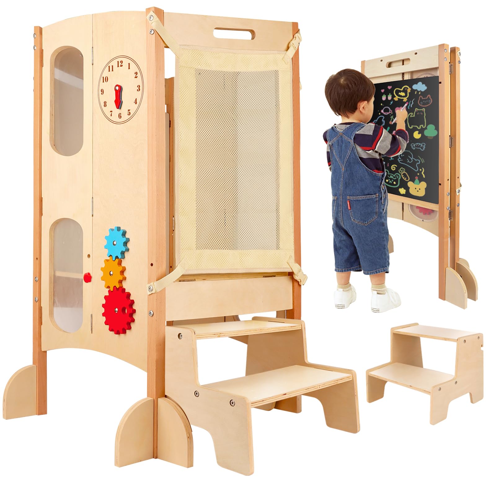 Photo 1 of Toddler Tower for Kids Kitchen Foldable: Wooden Step Stool Adjustable with 2 Steps Helper - Montessori Standing Tower with Chalkboard Activity Games