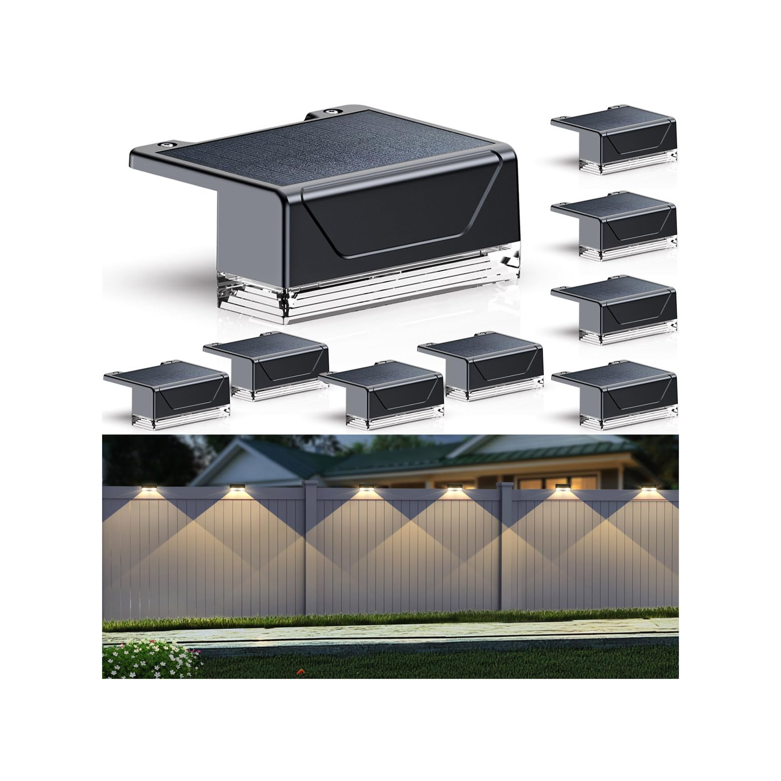 Photo 1 of Solar Fence Lights Outdoor - 3000/4000/6000K 3 Mode, IP65 Waterproof Fence Lights Solar Powered, Dusk to Dawn Solar Light for Outside, Backyard/Step/Patio/Deck/Stair Railings and Wall (8 Pack)