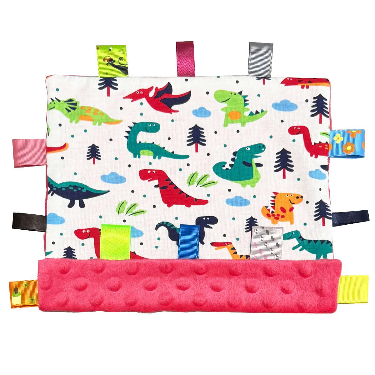 Eyands NO Crinkle Sound Comfort Tag Blanket, Mini Baby blanket Dinosaurs Tag Red Textured Underside