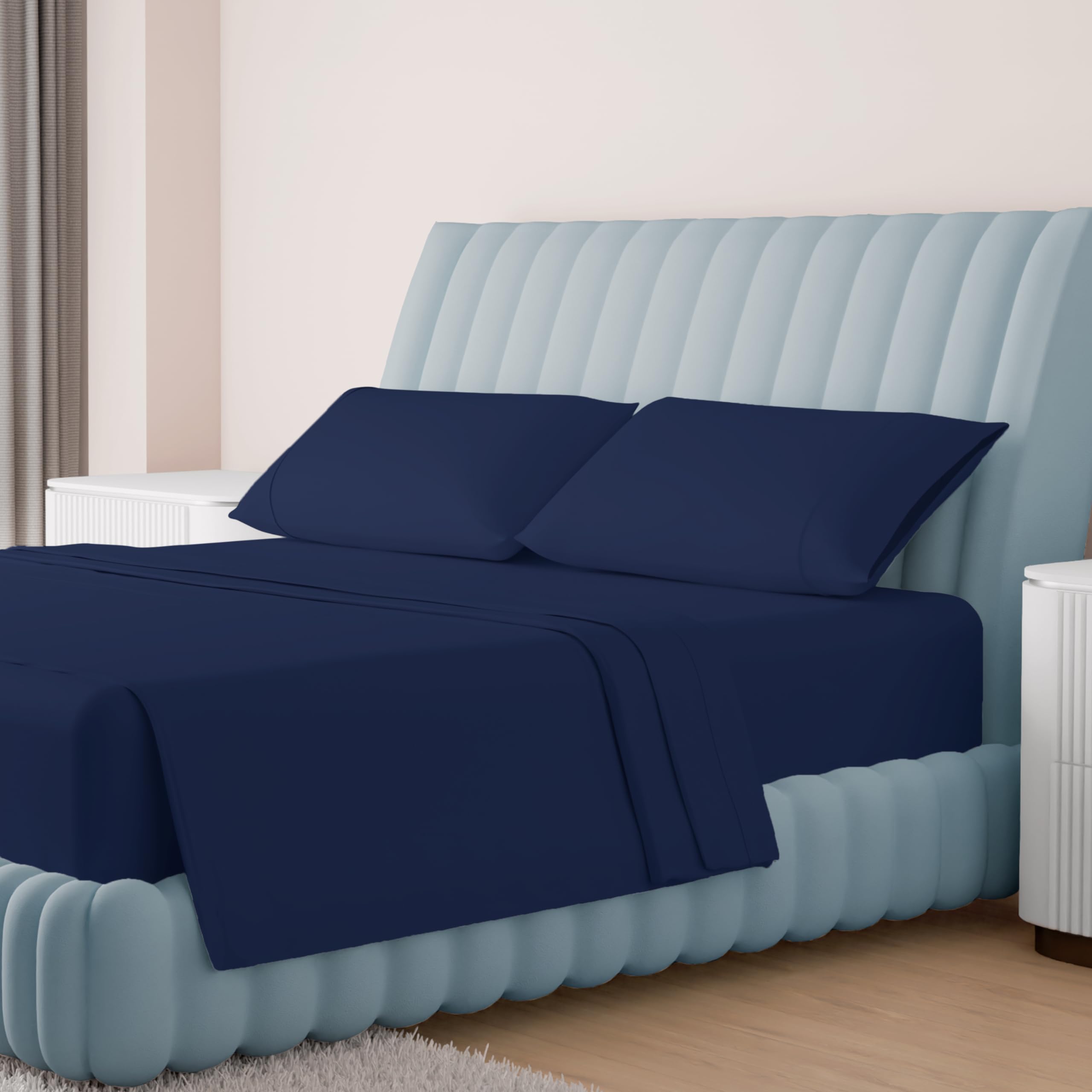 Photo 1 of Carressa Linen Luxury Egyptian Cotton Sheets King Size - 1000 Thread Count 4 PC King Sheets, Soft, Cooling Extra Long Staple Sateen Weave Bed Sheets - Fits Upto 18” Deep Pocket - Navy Blue