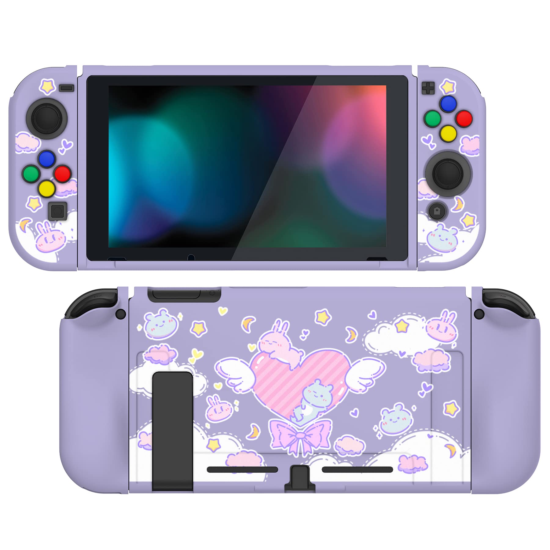 PlayVital Case for Nintendo Switch Console Joycon, Soft TPU Slim Case Protective Case Accessory for Switch Joy Con Console with Colourful ABXY/Direction Buttons Caps (Hare & Bear)
