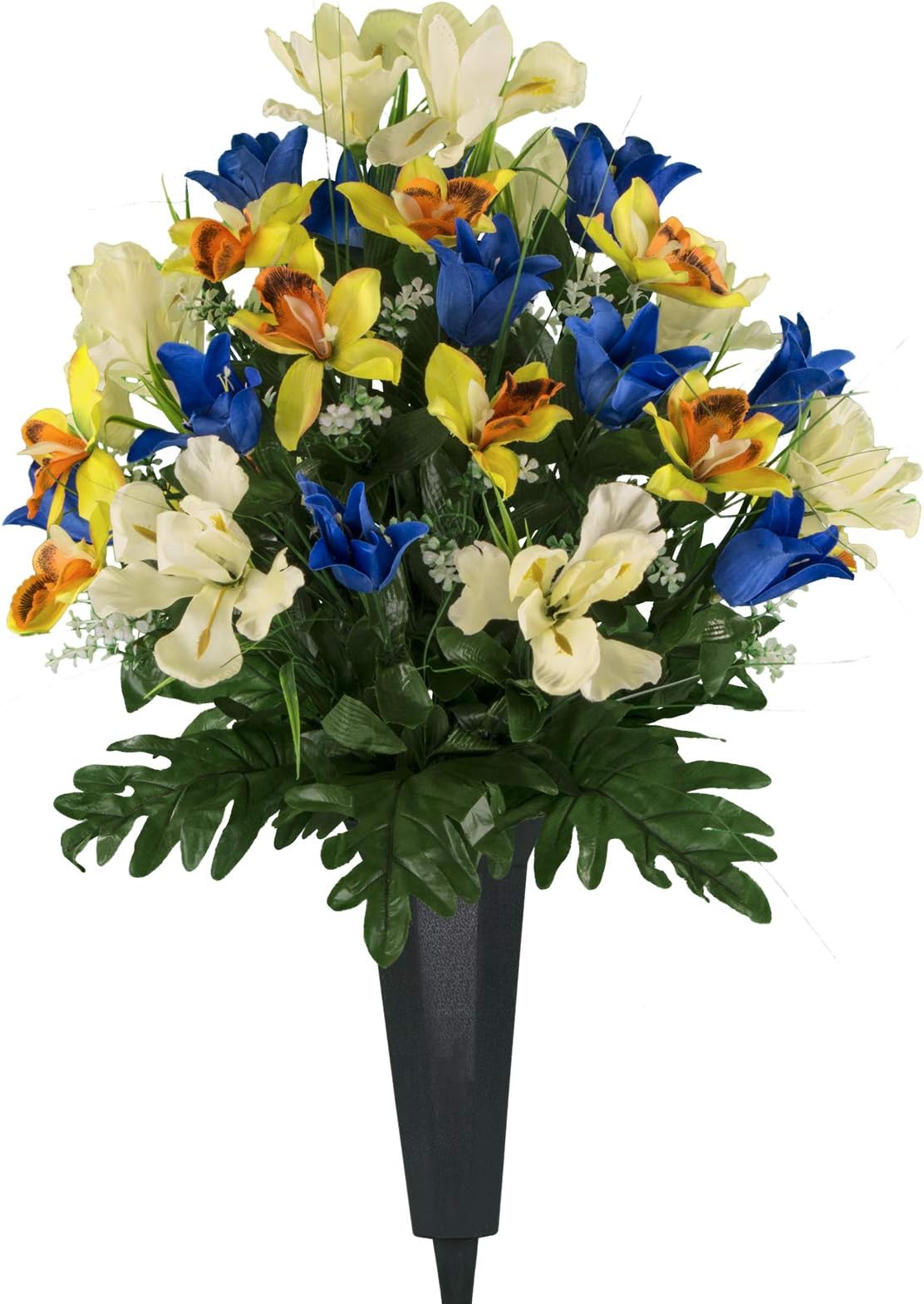 Sympathy Silks Artificial Cemetery Flowers – Realistic Vibrant Tulips, Outdoor Grave Decorations - Non-Bleed Colors, and Easy Fit - Blue Yellow Tulip Bouquet with Cemetery Vase