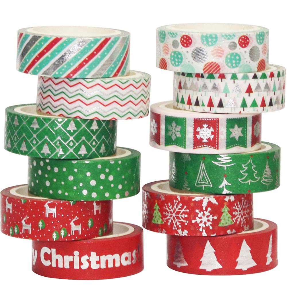 YUBBAEX Christmas Washi Tape Set Gold Foil Masking Tape Decorative for Arts, DIY Crafts, Bullet Journal Supplies, Planners, Scrapbook, Card/Gift Wrapping -15mm- (Silver X'mas 12 Rolls)