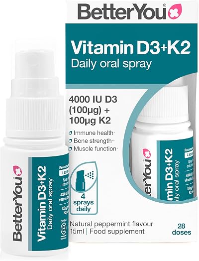 BetterYou Vitamin D3 K2 Oral Spray 4000 IU MK-7 Peppermint 1-Month