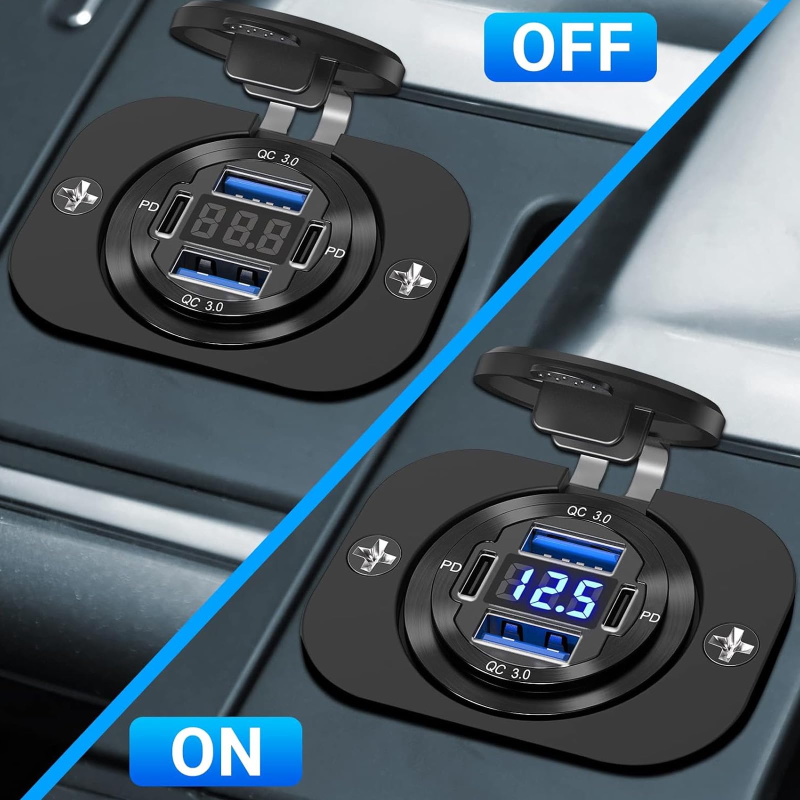 VANONE Dual USB Quick Charge 3.0 Port & Dual PD USB C Ports Car Charger Socket, 12V USB Outlet with Voltmeter and Power Switch for Car Boat Marine Truck