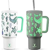 Meoky 40 oz Glow in the Dark Tumbler with Handle and Straw, Tumbler with Lid and Straw, Insulated Stainless Steel Travel Mug, 100% Leak-proof, Keeps Cold for 34 Hours (Sea Life)