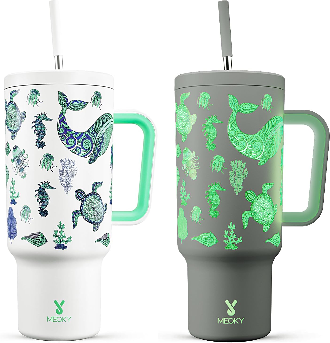 Meoky 40 oz Glow in the Dark Tumbler with Handle and Straw, Tumbler with Lid and Straw, Insulated Stainless Steel Travel Mug, 100% Leak-proof, Keeps Cold for 34 Hours (Sea Life) Image