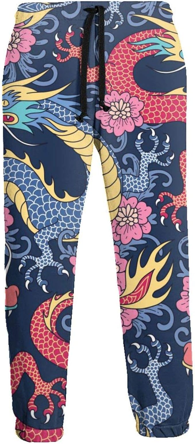 Amazon Co Jp メンズジョガースウェットパンツ ポリエステルロングパンツ ズボンユニセックスティーン 学校 オフィス ジム 青と赤のドラゴン 服 ファッション小物