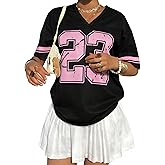 Jersey Shirts for Women Y2k Number Graphic Tees Oversized V Neck T Shirts Streetwear Casual Short Sleeve Tops