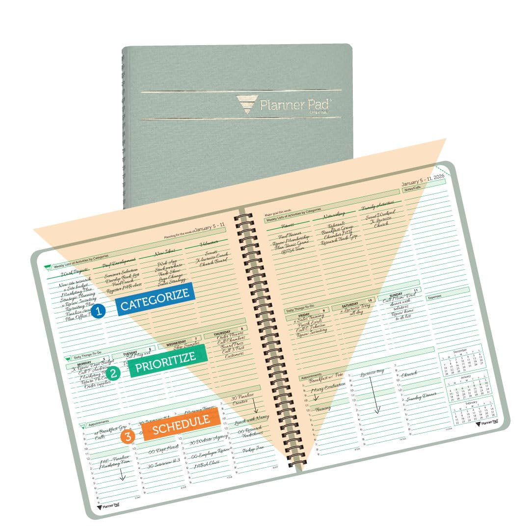 Planner Pad Spiral Bound January-December 2026/ Calendar Year 8 1/2" x 11" Large 3-Tier Funnel Down 12 Month Organizer, Greenish Grey Cover/Soft Green Ink Image
