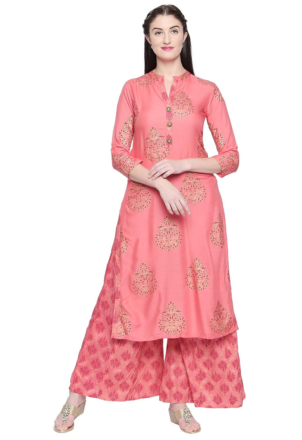 ishin women's pink rayon a-line printed kurta palazzo sets