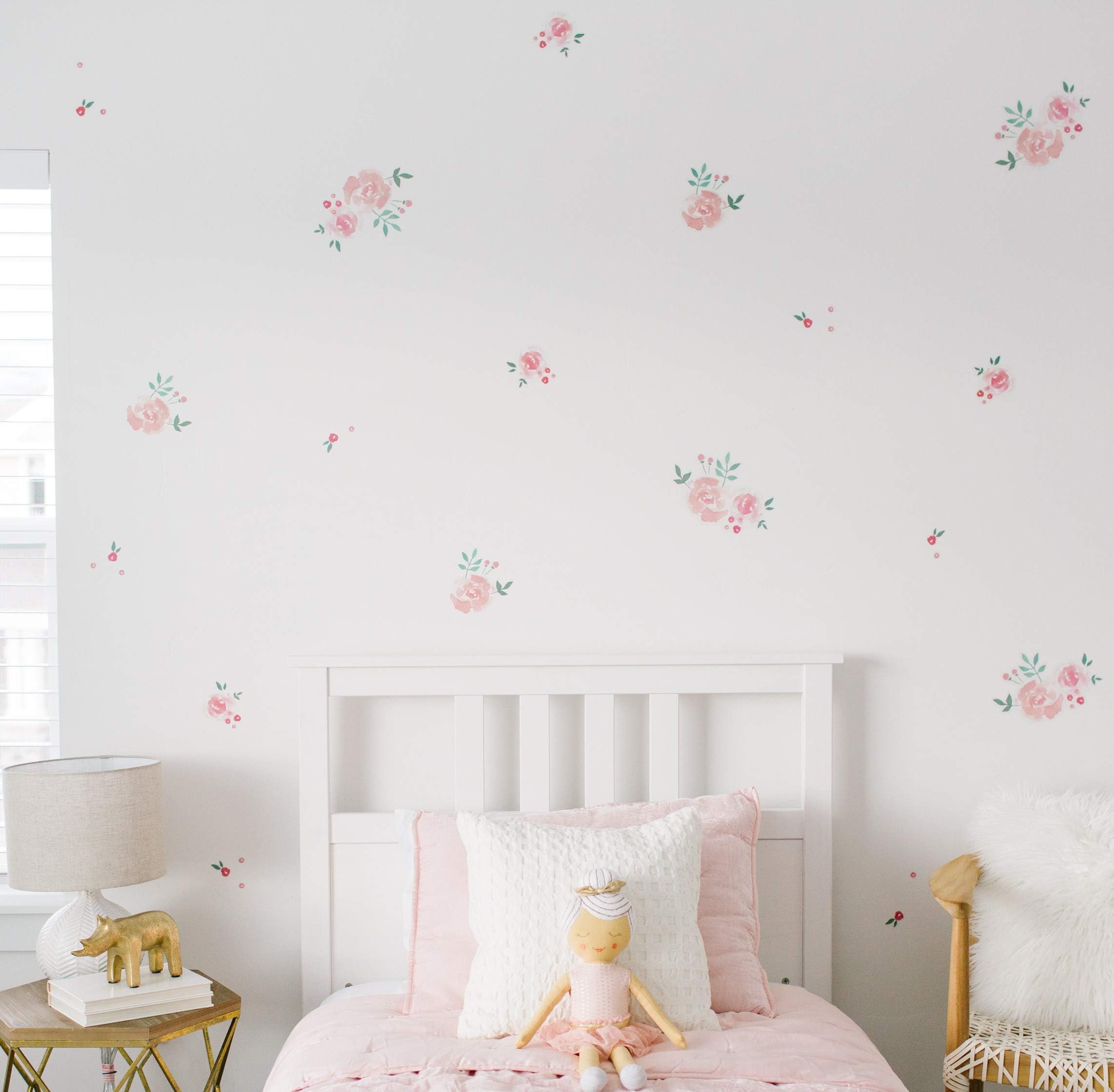 Modern Maxwell Wall Art Decals for Girls Nursery, Bedroom, Living Room “Emmy” Floral Room Sticker 56 Pieces