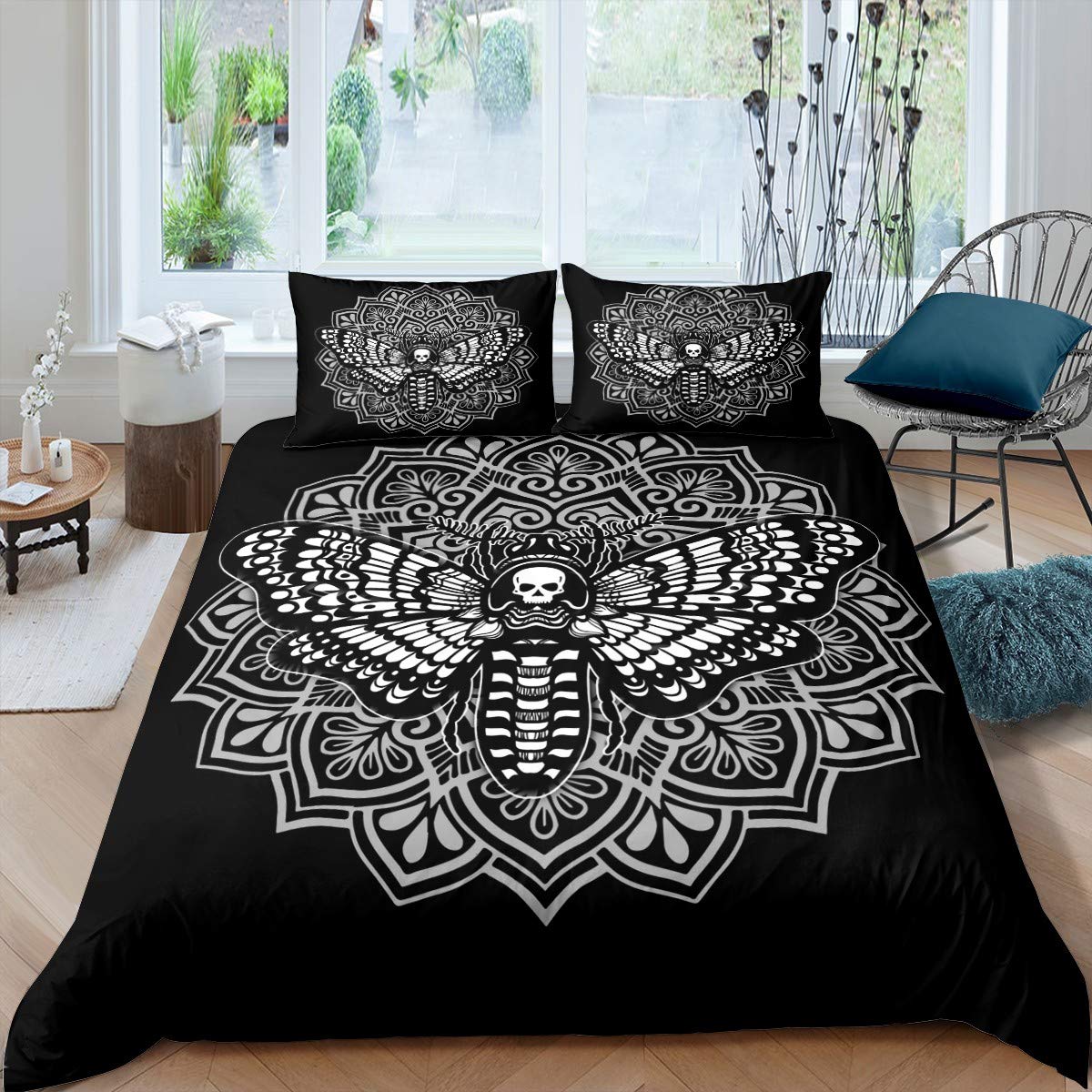 Bohemian Mandala Duvet Cover Set Death Moth Skull Bedding Set for Kids Boys Adults Flying Skeleton Butterfly Comforter Cover Boho Floral Quilt Cover with 2 Pillowcase 3Pcs Bedding King,Black,Gray — image 1