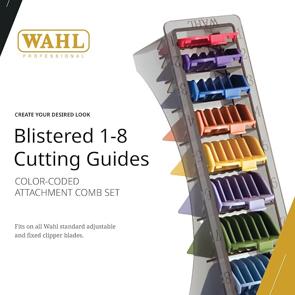 WAHL PROFESSIONAL BLISTERED 1-8 CUTTING GUIDES, COLOR-CODED CLIPPER GUARD ATTACHMENTS, DURABLE AND EASY TO USE