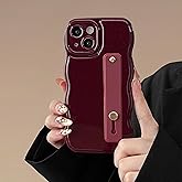 FABSPARK Phone Case for iPhone 14 with Flexible Adjustable Soft Finger Hand Wrist Strap Holder Kickstand,Wave Design Wavy Frame Silicone Aesthetic for iPhone 14 Phone Case,Wine Red