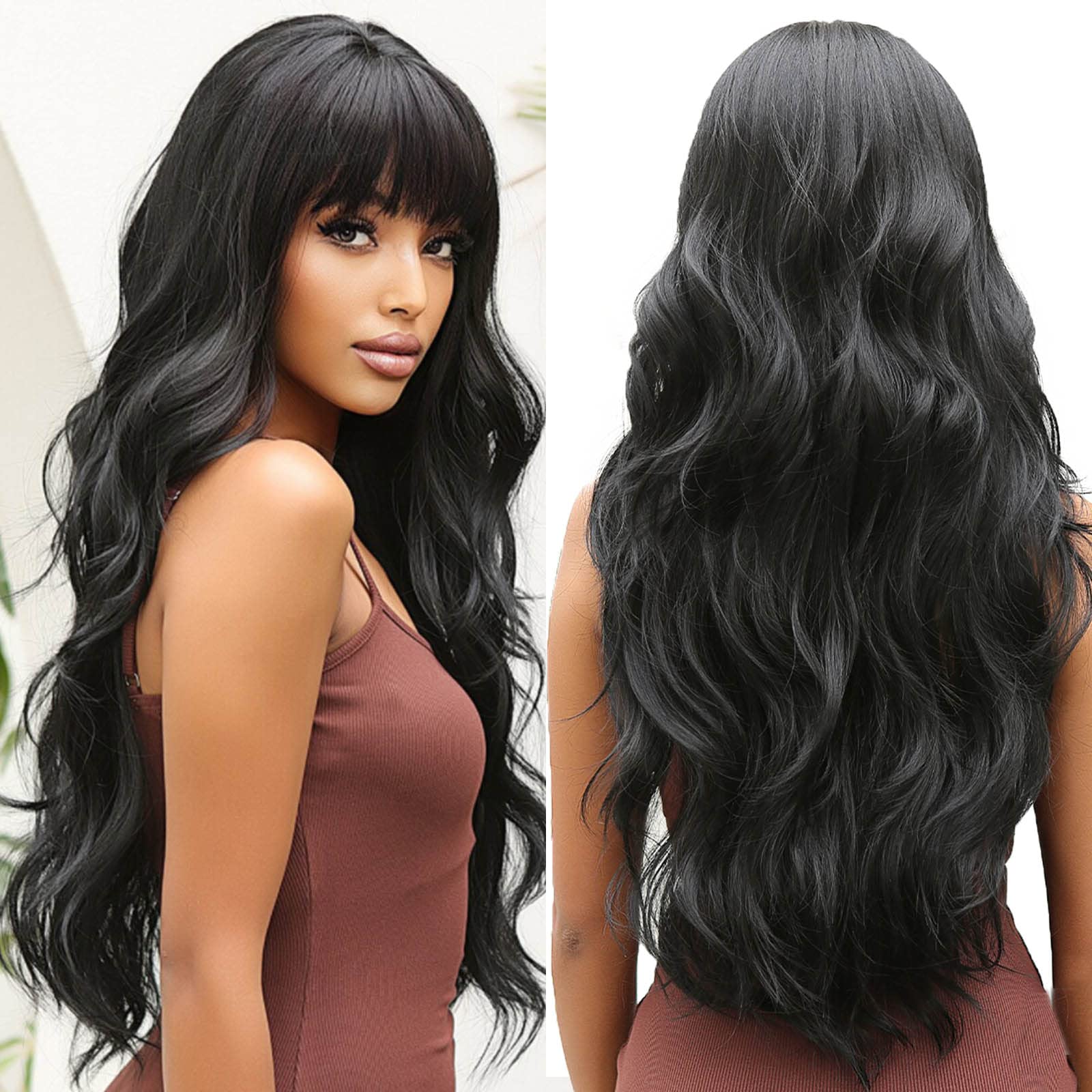 OUFEI Long Wavy Black Wigs for Women Natural Synthetic Hair Heat Resistant Wigs for Daily Party Cosplay Wear-28 Inches — image 1