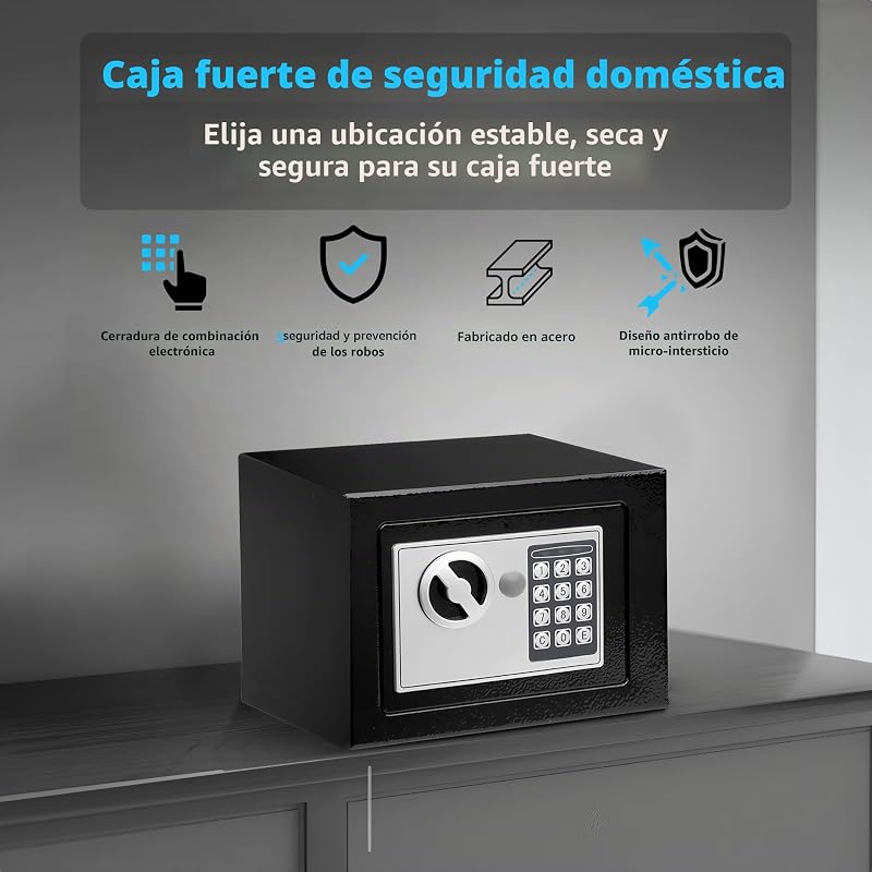 Caja fuerte 6.6L con código electrónico, alta seguridad, compacta, empotrable antirrobo, para hogar/oficina/hotel/coche. Protege joyas, efectivo, armas y otros bienes. Incluye llave.