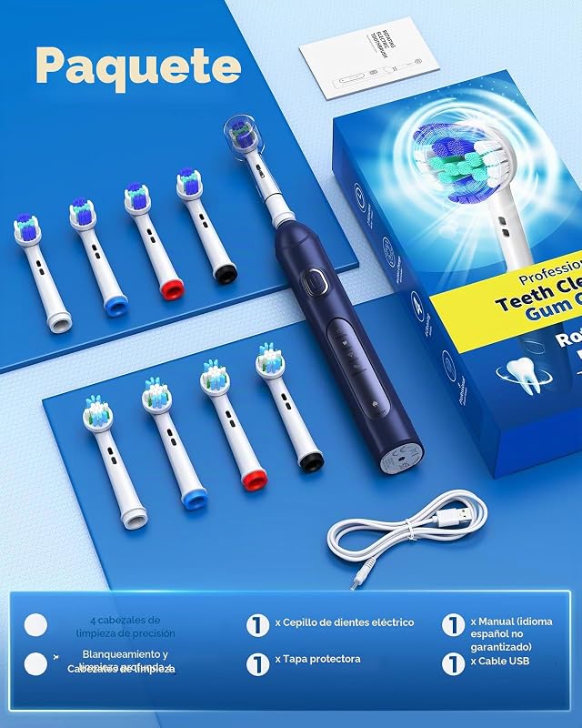 Escova de Dentes Elétrica Rotativa para Adultos com 8 Cabeças (2 Tipos) Recarregável e 2 Min Smart Time, 4 Modos Escova de Dentes Elétrica Deep Clean (Deepblue)