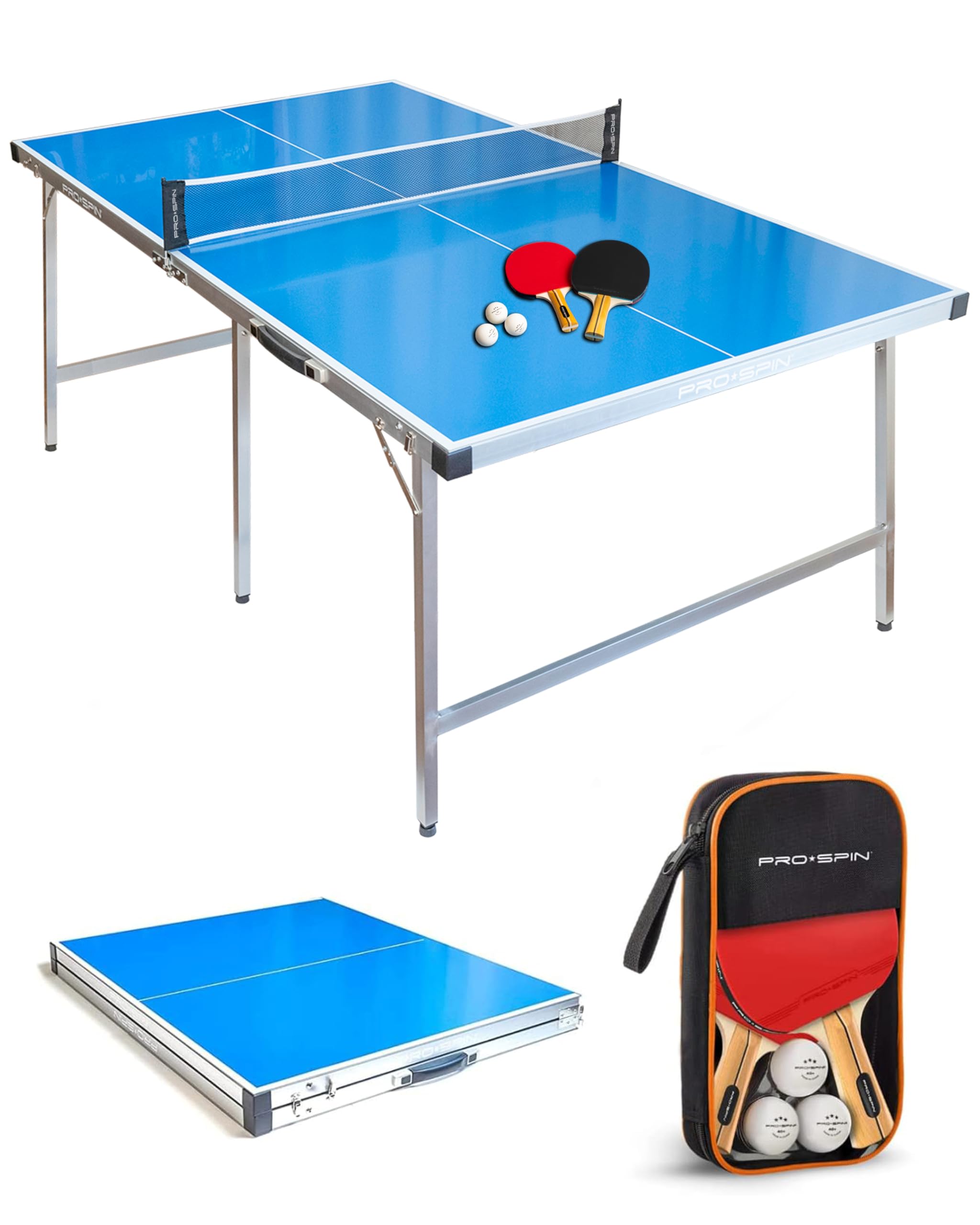 Photo 1 of PRO SPIN Compact Ping Pong Table - 72" x 41" Mid-Size, Foldable, Portable Ping Pong Set | 100% Pre-Assembled Weatherproof Indoor/Outdoor | Includes Net, Cover, Table Tennis Paddles & Balls