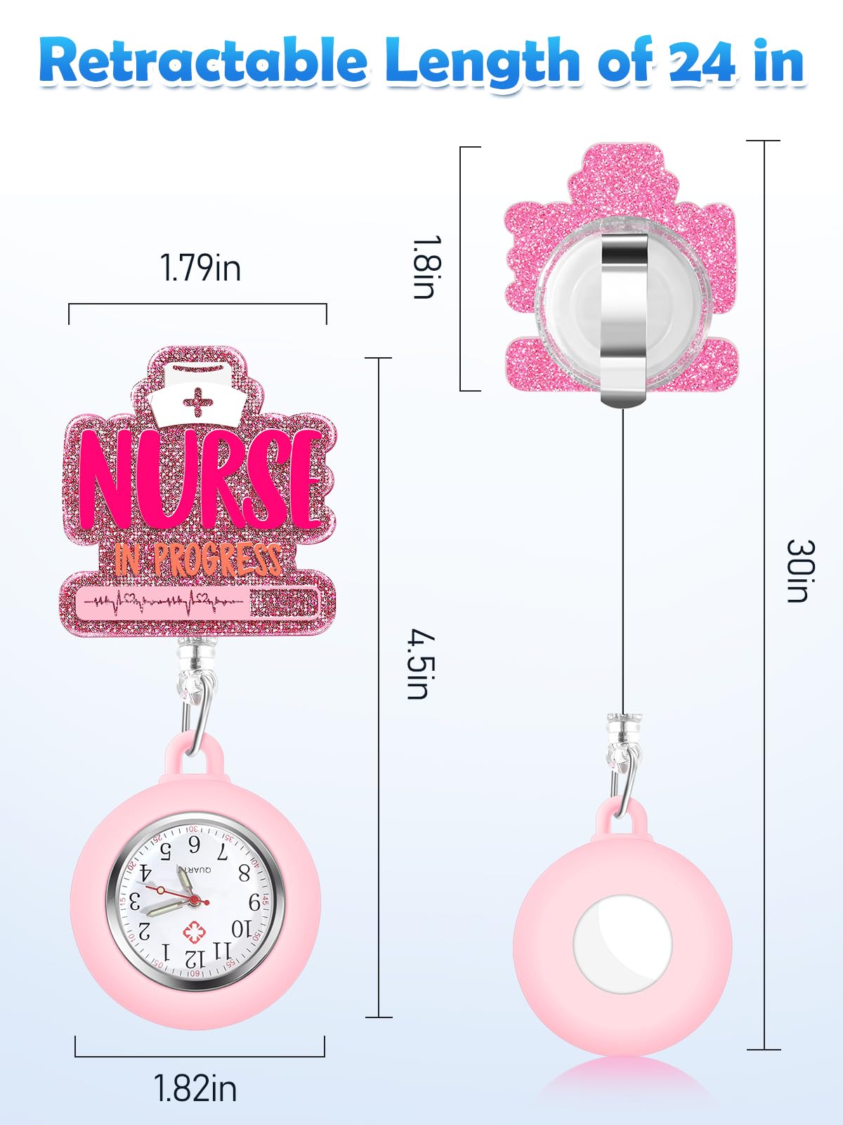 Plifal Nurse Pocket Watch Nursing Badge Fob with Second Hand - Retractable Clip On Clock with Secondhand for Medical Staff Women Men