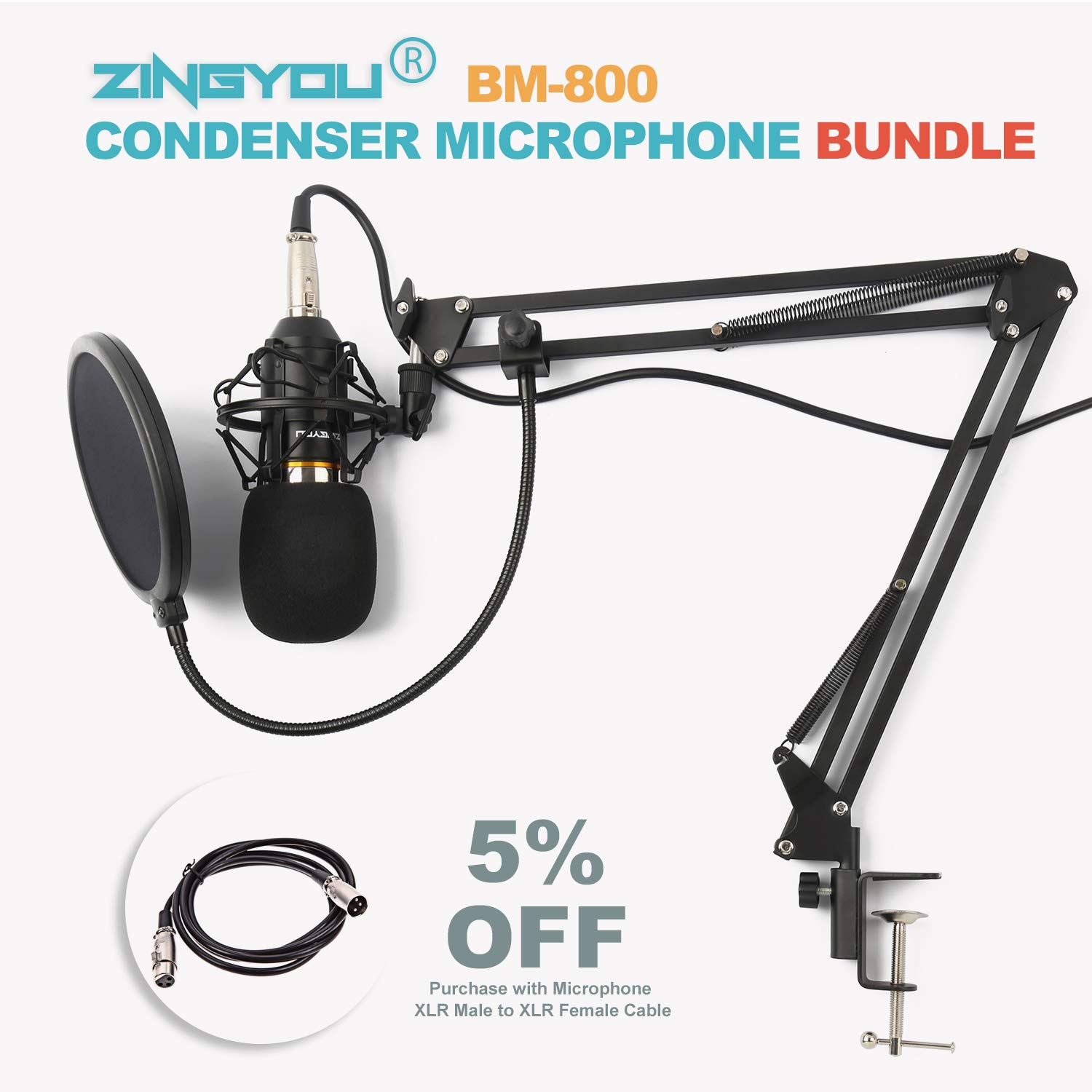 ZINGYOU Condenser Microphone Kit, BM800 Mic Set with Adjustable Mic