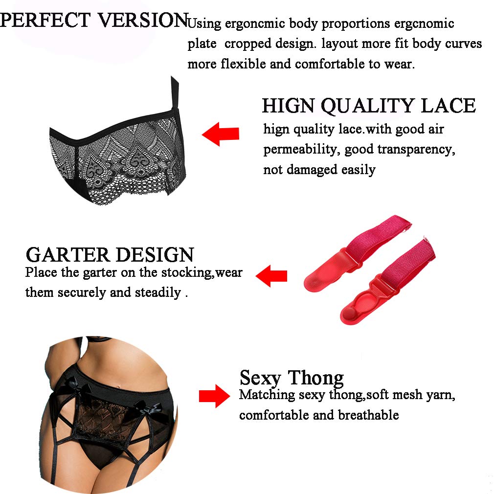 xspice Sexy Lingerie Set for Women, 3 Piece Lingerie for Women with Garter Belts and Thong, Excluding Stockings (M/L, Black)