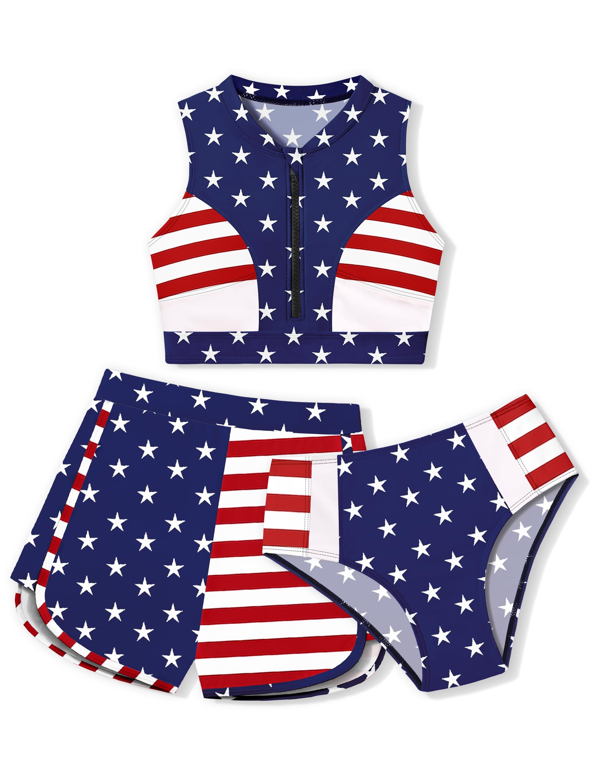 Photo 1 of (size small 13-14) AGAPENG Girls 4th of July Swimsuit Size 12-14 Patriotic Swimsuit Red White and Blue Bathing Suit Zipper Front American Flag Bikini Set with Shorts 3 Piece Sporty Bathing Suits for Teen Girls 13-14