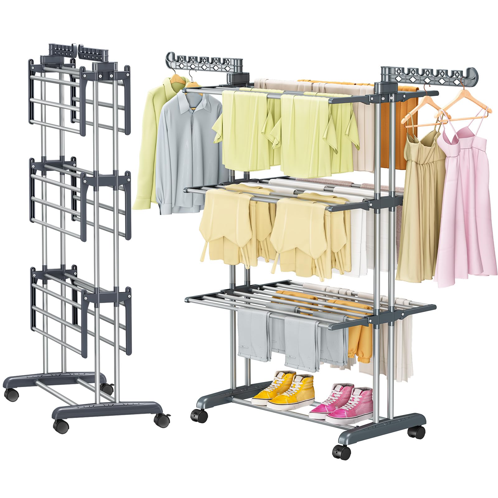 PurKeep Thicken & Durable Clothes Airer, Extra Large 4-Tier Capacity Foldable Clothes Drying Rack with Wheels, Stainless Steel Clothes Horse for Indoor/Outdoor Use in Bedroom, Laundry Room