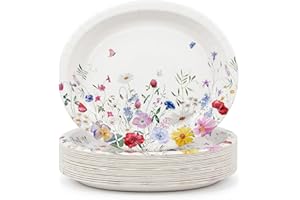 GFInYHM 25 Count Spring WildFloral Oval Paper Plates, 10" x 12.5" Large Disposable Dinner Serving Platters Heavy Duty, for We
