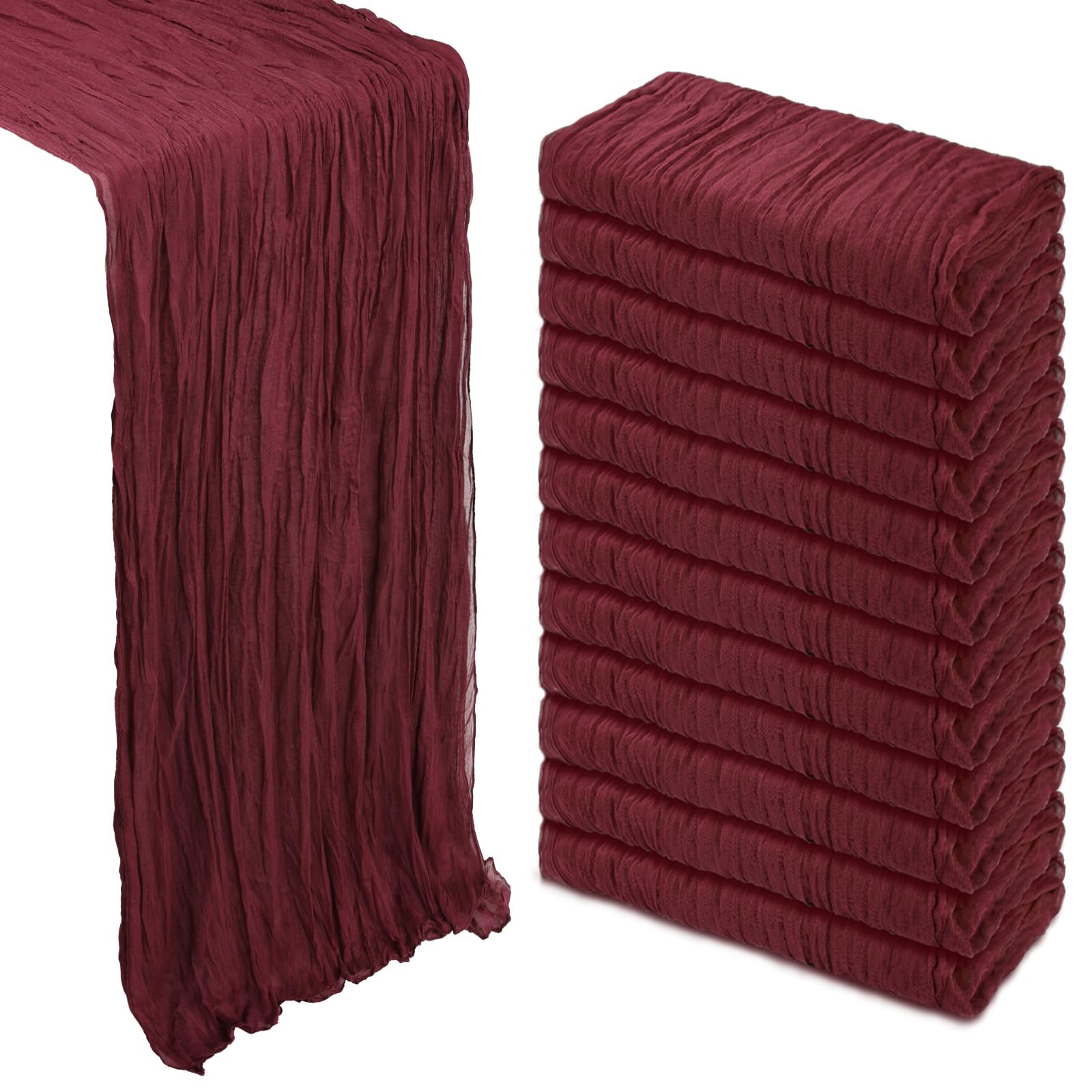 Photo 1 of 12 Pack Burgundy Cheesecloth Table Runner 10Ft Gauze Red Cheese Cloth Runner 35x120 Inch Boho Rustic Fabric for Christmas Party Decor Baby Shower Wedding Holiday Decorations