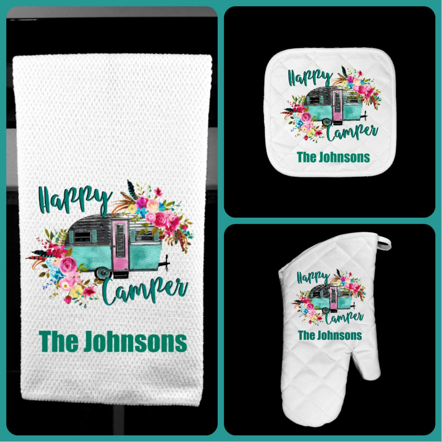 Happy Camper Oven Mitt Pot Holder Towel Gift Set Personalized, Gifts for Mom, Housewarming Gift, Hostess Gift, Wedding, Custom Kitchen Set