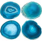 Blue Agate Coaster for Coffee Table, Set of 4 Natural Geode Coasters for Drink, 3.5-4" Stone Coaster Agate Decor for Housewarming Birthday Wedding Gift (Blue) Father's Day