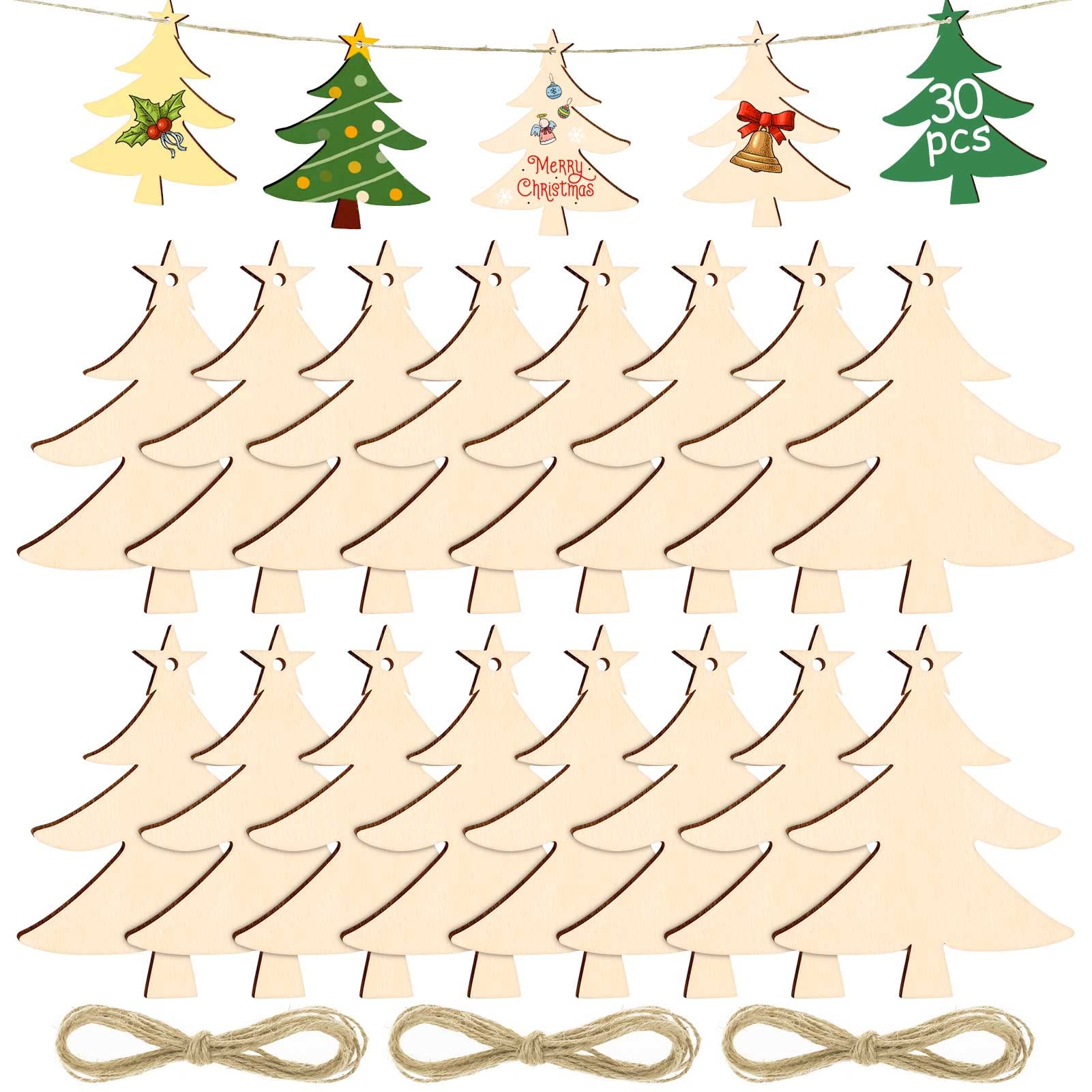Kiiwah 30pcs Christmas Wooden Ornaments, DIY Wood Pendants with String for Xmas Tree Decorations & Christmas Craft Supplies (Christmas Tree)