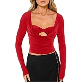 CSDAJIO Women's Sexy Draped Cowl Neck Long Sleeve Cut Out T Shirt Low Cut Fitted Top Ruched Going Out Shirts