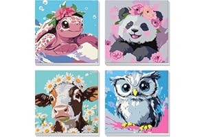4 Pack Paint by Number for Kids Framed Canvas, Watercolor Turtle, Cute panda, Owl, Cow, Paint By Numbers Kits for Beginners A