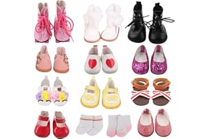 AugFrog 7 Pairs of 18 Inch Doll Shoes ( Random from 20) and 2 Pairs of Doll Socks, Fashion Cute Doll Princess Shoes Doll Boots Leather Shoes Canvas Sneaker Fit American Doll Accessories