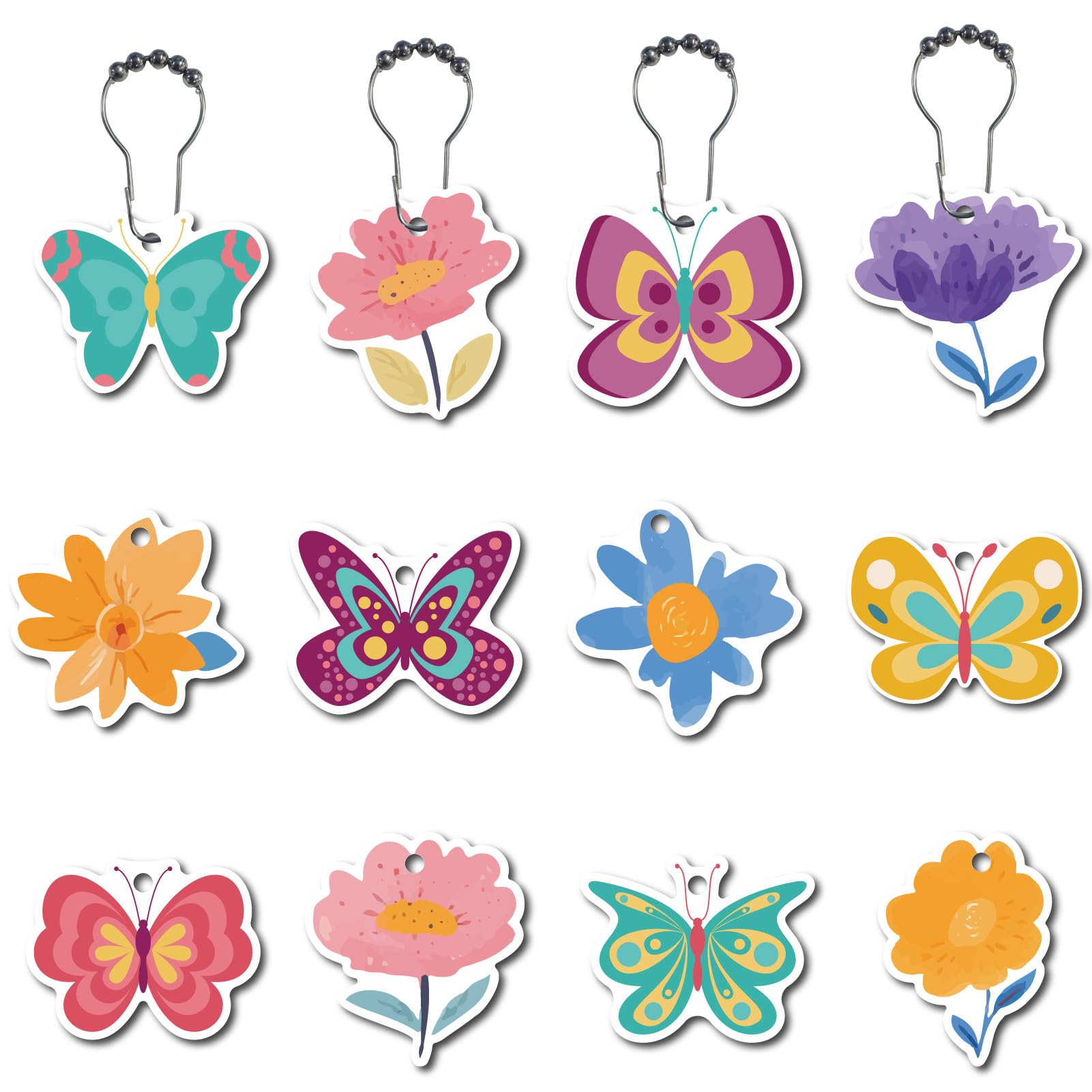 CREATCABIN 12Pcs 12Styles Butterfly Shower Curtain Hooks Rings Flower Shower Hooks Metal Shower Curtain Rings Shower Curtain Hanger with Stainless Steel Chain for Bathroom Decoration Set of 12
