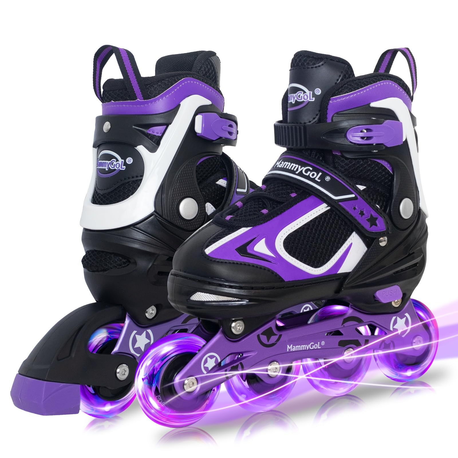 Photo 1 of MammyGol Adjustable Inline Skates for Boys Girls Kids Youth with Light up Wheels, Black&Purple Beginner Blades Roller Skates for Boys Size 1 2 3 4 Ages 6-12