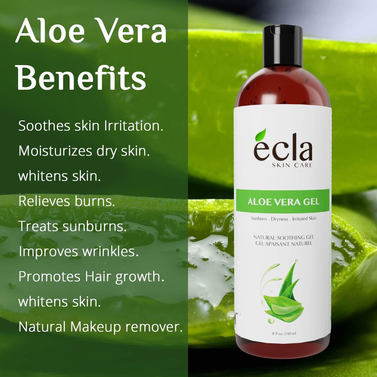 Aloe Vera Gel for Face, Body and Hair - Made with Organic 100% Pure Cold Pressed Juice, Not Powder (8 Oz - 240ml)