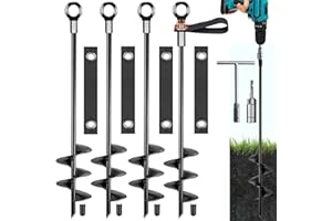 Fabulas Ground Anchors, Trampoline Stakes Anchors High Wind Heavy Duty 16 Inch 4 Pack, Screw in Spiral Trampoline Tie Down Anchor Kit with Straps for Shed Swing Set Hurricane Tent Dog Carport Playset