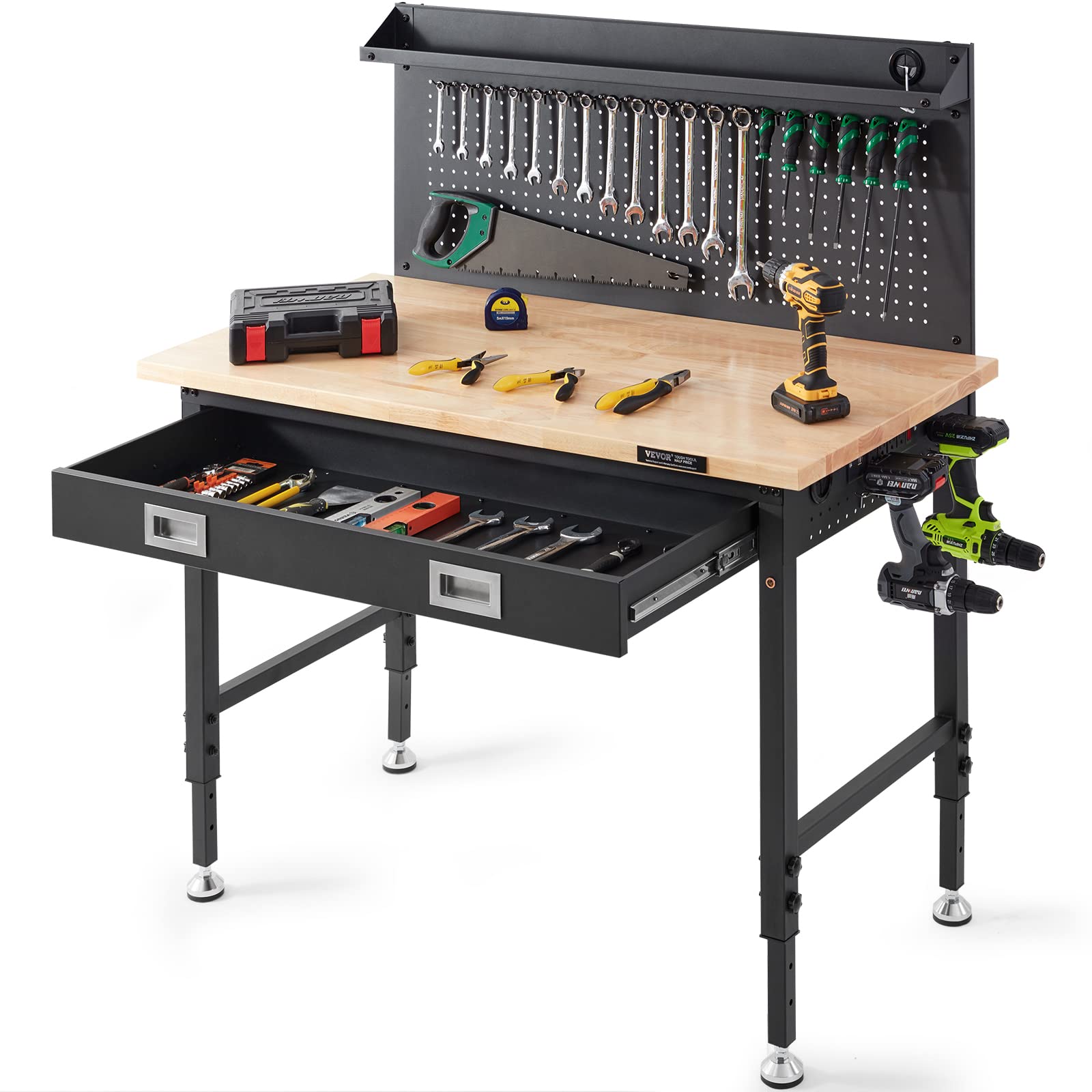 Photo 1 of **PARTS MISSING / HARDWARE ** VEVOR Workbench Adjustable Height 28-39.5'' Work Bench for Garage Oak Plank & Carbon Steel Heavy Duty Workbench 2000lbs Weight Capacity top Size 48x24 Hardwood Workbench 3m Cable 30 Hooks, Black