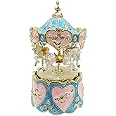 FJ FENGZHIJIE Rotating Carousel Music Box, Blue/Pink Enamel, Heart & Rose Golden Details, Ideal Home Decor & Gift Giving