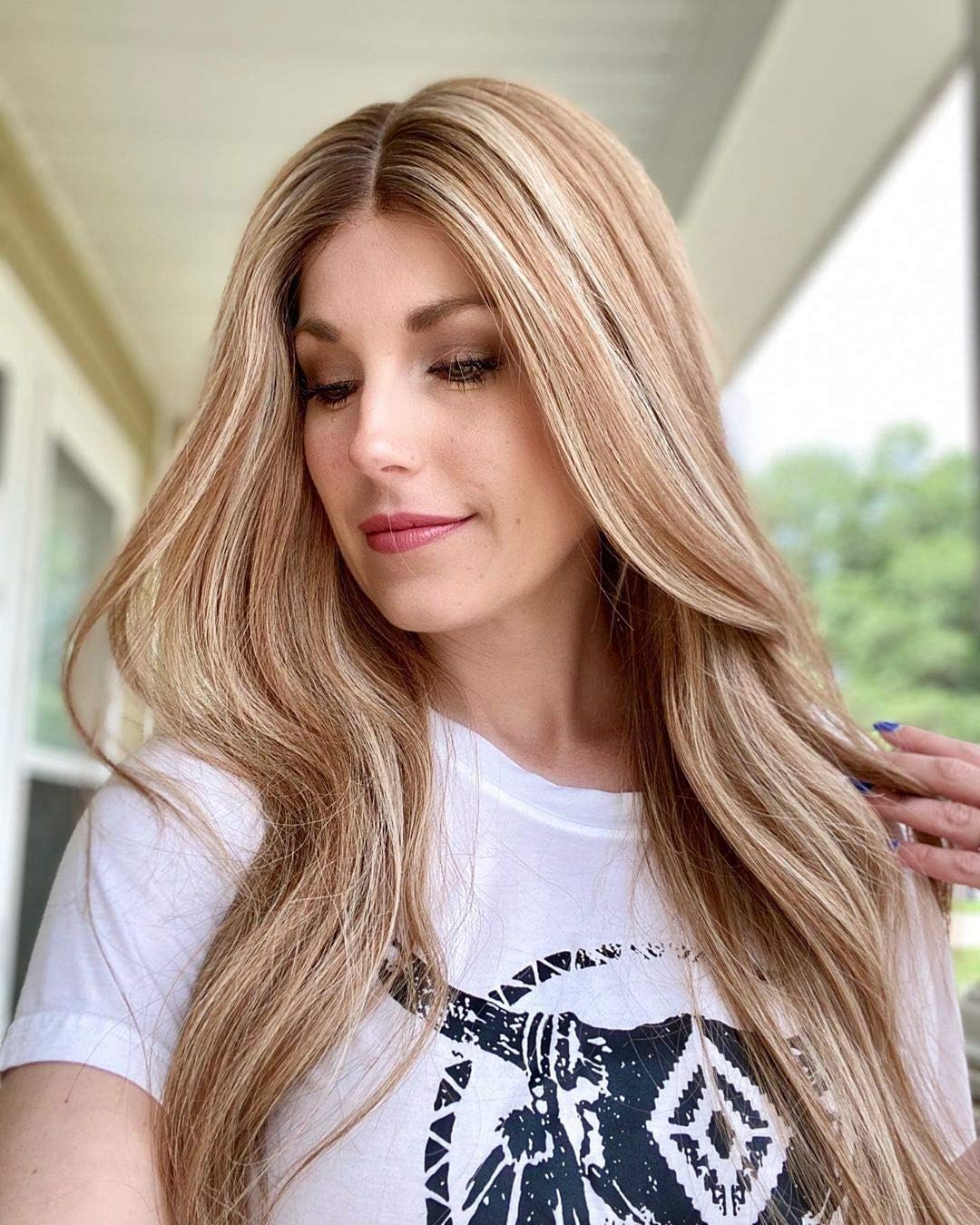 UniWigs Hanna Remy Human Hair Wig, Mono Cap Full Hand-tied, Dark Beige Blonde with Ash Blonde Highlight