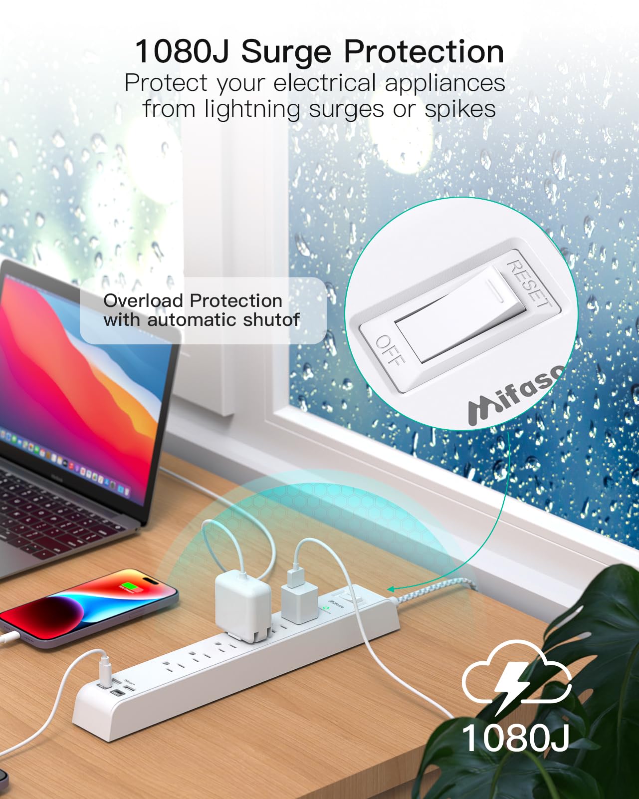2 Pack Power Strip Surge Protector, 6 Outlets 4 USB Ports (2 USB C) 5Ft Long Extension Cords, Flat Plug Overload Protection Outlet Strip, Wall Mount for Home, Office and Dorm Essential, ETL Listed