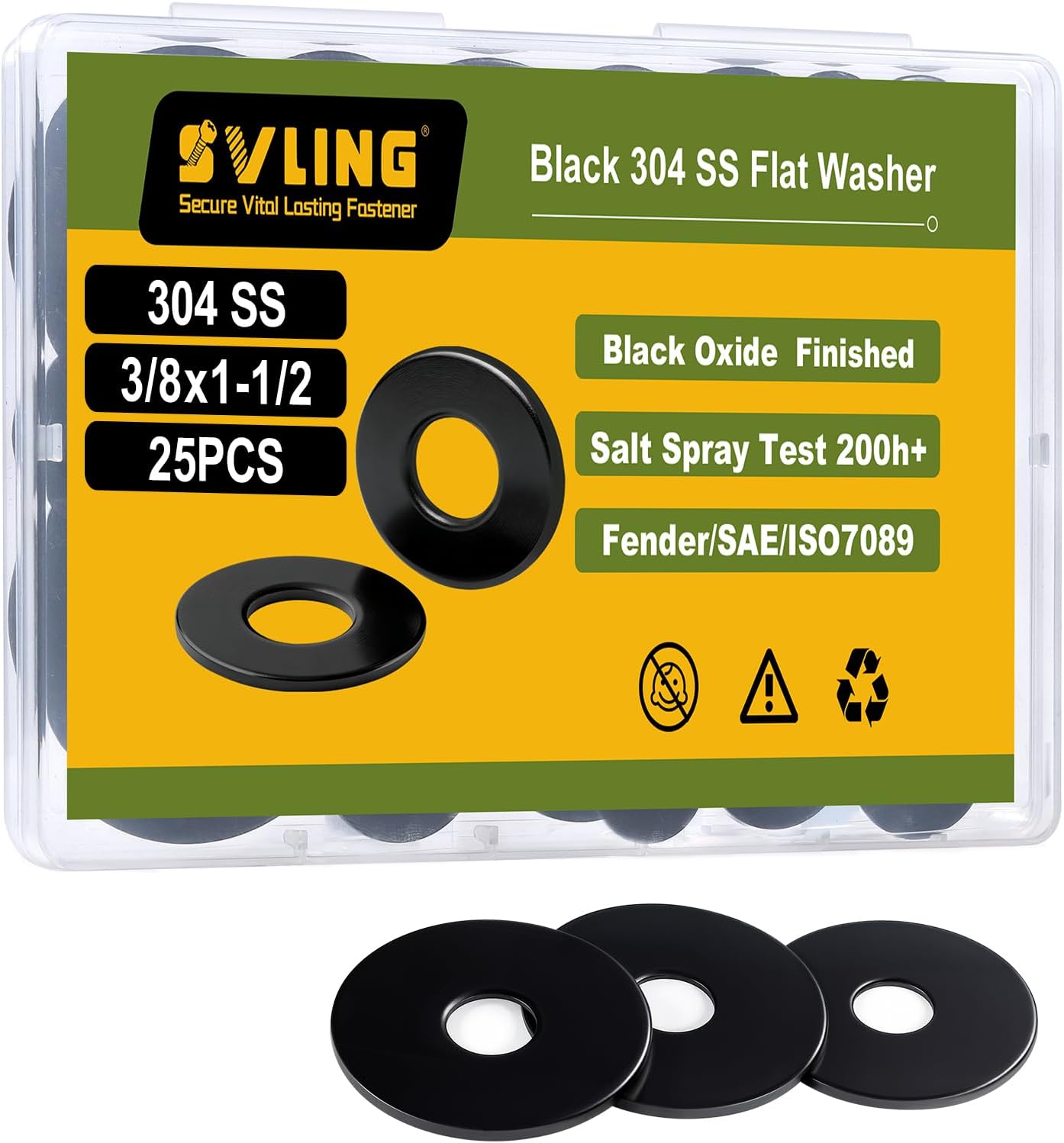 SVLING 25PCS 3/8" x1-1/2 Fender Washers, Black Oxide 304 Stainless Steel 18-8, 3/8" ID x 1-1/2" OD Hardware Flat Washers for Screws Bolts