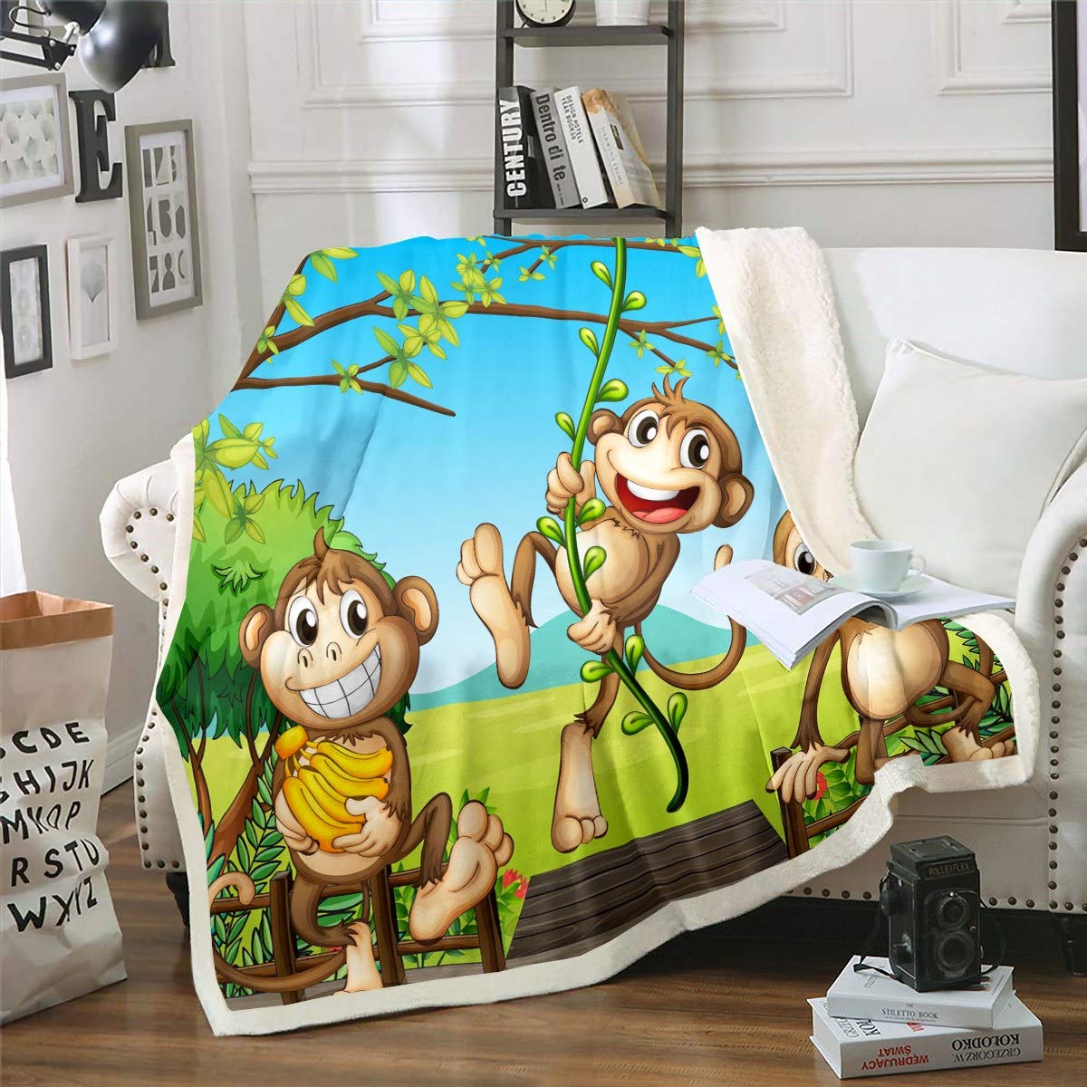 Loussiesd Monkey Sherpa Blanket Three Cartoon Monkeys Prined Fleece Throw Blanket for Kids Boys Girls Safari Banana Vine Plush Blanket Cute Animal Fuzzy Blanket for Sofa Bed Couch Single 50x60 Inch