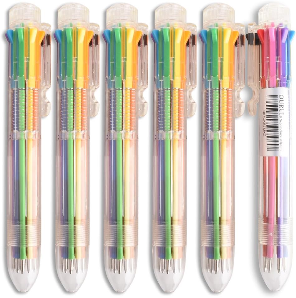 Multicolor Pens 8-in-1 Retractable Ballpoint Pens 0.5mm 8 Colors for Office School Supplies Students Children Gift (Pack of 6)