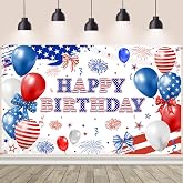 AIBIIN Bow Patriotic Happy Birthday Banner 4th of July Birthday Decorations Red White and Blue Independence Day Party Supplies 82.67 x 59.05 Inch