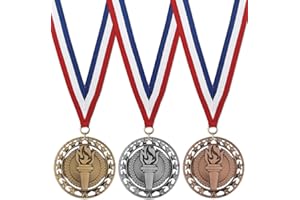 HODGES BADGE COMPANY, INC. Hodges Badge Company RS Victory Torch Gold, Silver, and Bronze Medals with Red White and Blue Neck Ribbon- Made of Metal- Sold in 3 Count Variety Pack
