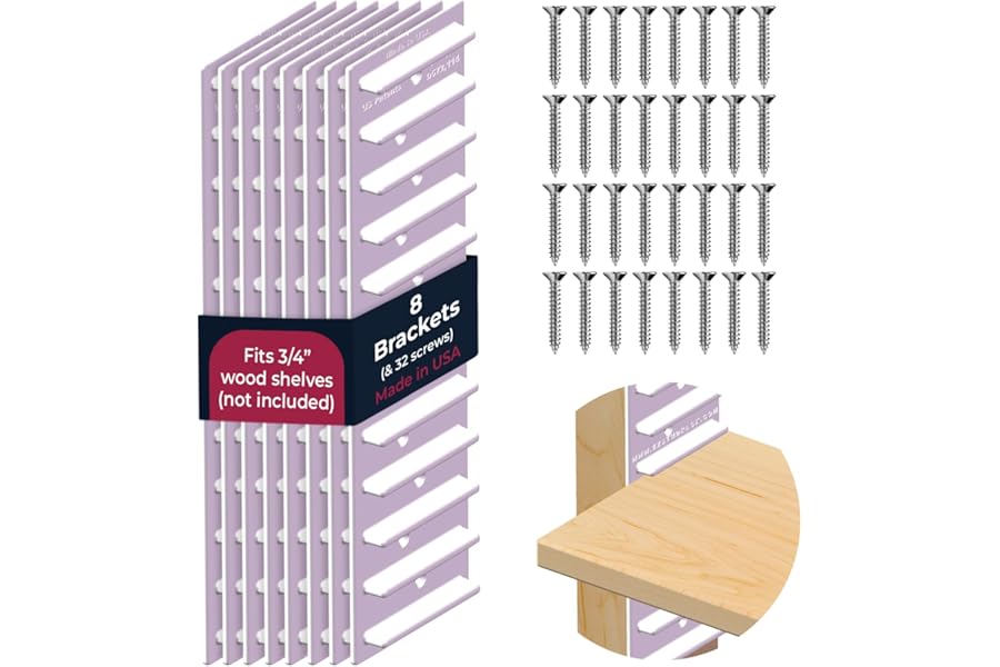 Made in USA EZStudRack Adjustable Shelf Brackets, 8-Pack (4 Pairs) – Easy-to-Adjust One-Row Storage for Custom-Fit Shelves – Your Items, Your Wood, You Supply It